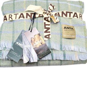 ANTA Plaid Throw Blanket 50"x60" 100% Merino Wool Blue Green Cream NWT